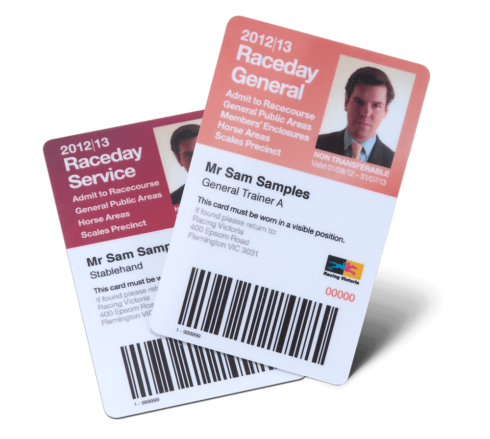 Racing Victoria raceday accreditation cards manufactured by DMCentral